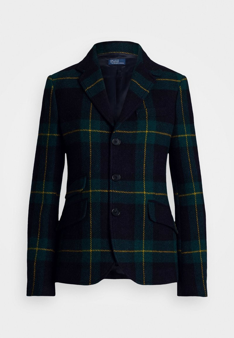 Veste à carreaux vert foncé et bleu marine avec des rayures jaunes, trois boutons noirs, col cranté et poches à rabat devant.