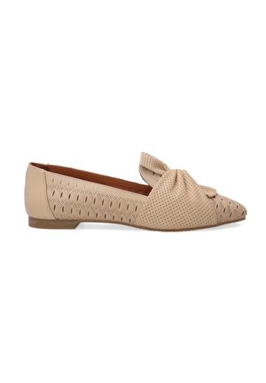Beige flat shoe with a knotted detail, perforated front, textured side, pointed toe, and low heel. Interior is brown.
