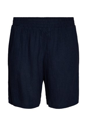 Tmavomodré ležérne šortky s elastickým pásom a bočnými vreckami, dĺžka pod kolená, vyrobené z ľahkej látky.