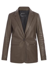 Blazer en cuir marron à un bouton avec col à revers et deux poches fendues à l'avant, présenté sur un fond blanc uni.