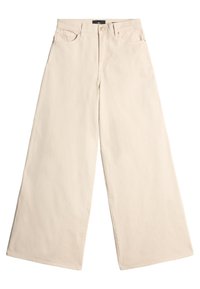 Vide ben beige jeans lavet af holdbart bomuld. Har en høj talje, lynlås foran og et klassisk fem-lomme design med diskrete stikninger.