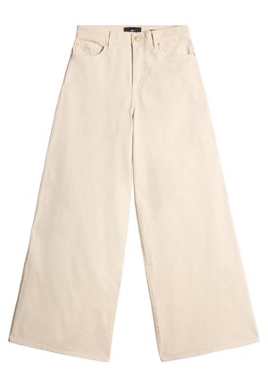 Wide-leg beige jeans made from durable cotton. Features a high waist, zip fly, and classic five-pocket design with subtle stitching details.
