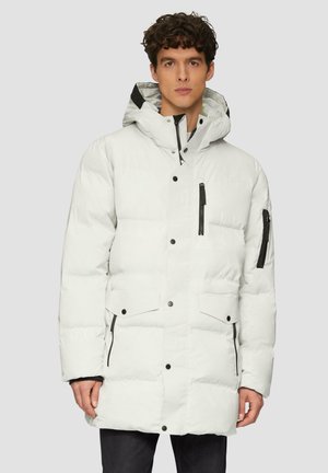 Weißer Daunenjacke mit Kapuze, ausgestattet mit schwarzen Reißverschluss-Details, Druckknöpfen und zwei Fronttaschen mit Klappenverschluss. Texturiertes Außenmaterial.