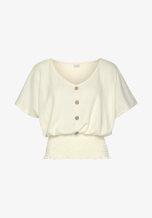 Crème korte mouwen blouse met een V-hals, vijf bruine knopen aan de voorkant en een gesmokte taille. Textiel met een zachte, ontspannen pasvorm.