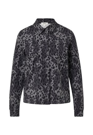 Grijs, longsleeve shirt van stof met een zwart luipaardprintpatroon, met een kraag, een knoopsluiting aan de voorkant en een afgeronde zoom.
