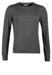 Grauer Pullover aus Strickstoff mit Rundhalsausschnitt. Verfügt über lange Ärmel sowie gerippte Bündchen und Saum für eine klassische Passform. Keine Muster oder Akzente.