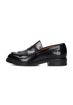 Zwarte leren loafers met een glanzende afwerking, voorzien van een gestikt franjerand en een lage gestapelde hak. Klassiek ontwerp voor formele kleding.