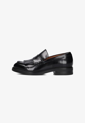 Black leather loafers with a glossy finish, featuring a stitched fringe detail and a low stacked heel. Classic design for formal wear.