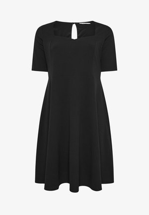 Schwarzes Kleid mit kurzen Ärmeln, quadratischem Ausschnitt, tailliertem Oberteil, ausgestelltem Rock und kleinem Reißverschluss mit Schlüsselloch-Detail am hinteren Ausschnitt.