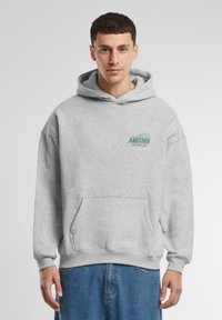 Gray hoodie made of cotton, featuring a front pocket, ribbed cuffs, and an embroidered logo in green text on the left chest area.