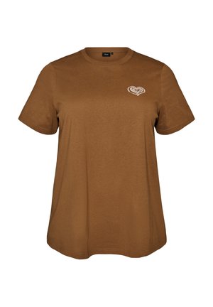 Brun t-shirt med korte ærmer med et lille hvidt hjerteformet design på venstre bryst, rund halsudskæring og afslappet pasform.