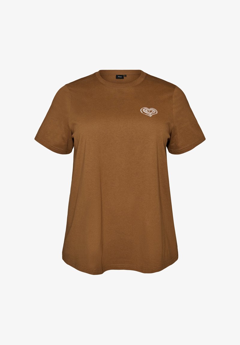 T-shirt marron à manches courtes avec un petit dessin blanc en forme de cœur sur la poitrine gauche, encolure ronde et coupe décontractée.
