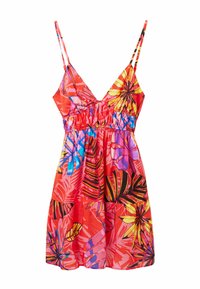 Röd blommig klänning med justerbara spaghetti-bårder, smockad bodice och en utställd kjol som har livliga tropiska bladmönster i flera färger.