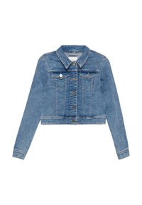 Lichtblauwe spijkerjacket met een cropped ontwerp, lange mouwen, puntige kraag, twee borstzakken en metalen knoopaccenten.