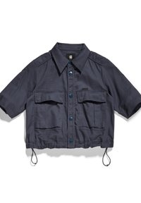 Kortärmad, marinblå skjorta med krage, två framfickor och dragsko i botten. Har blå knappar och en slät textur.