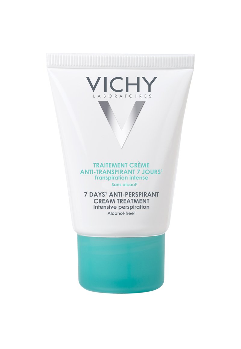Weißer Tube mit türkisfarbenem Sockel, der silberne Schriftzüge trägt. Auf dem Etikett steht "Vichy" und "7 Tage Antitranspirant-Cremebehandlung", alkoholfrei, intensive Anwendung.