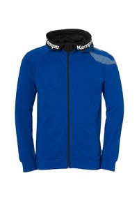Sweat à capuche zippé bleu avec des accents noirs, doté d'un col montant, de longues manches et de détails texturés aux épaules. Fabriqué en tissu doux.