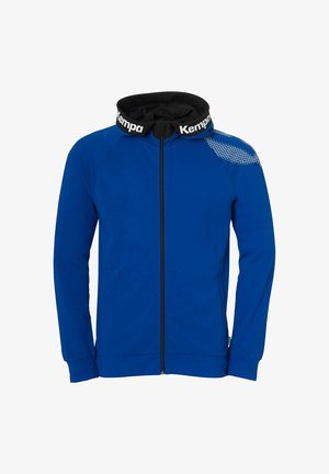 Sudadera con cremallera azul con acentos negros, que presenta un alto cuello, mangas largas y un detalle texturizado en los hombros. Hecha de una tela suave.