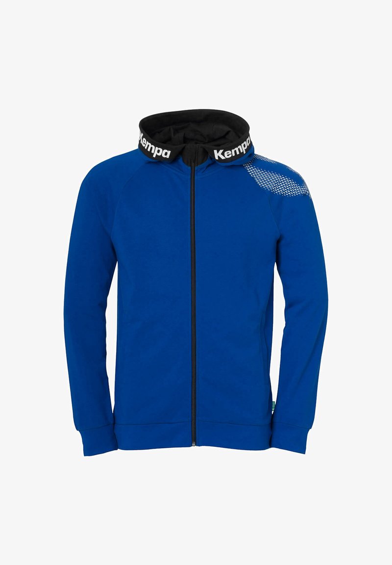 Felpa con zip blu e dettagli neri, dotata di colletto alto, maniche lunghe e dettaglio texturizzato sulle spalle. Realizzata in un tessuto morbido.