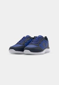 Blue athletic shoes with a mix of mesh and synthetic materials, featuring black accents, round laces, and a textured gray sole.