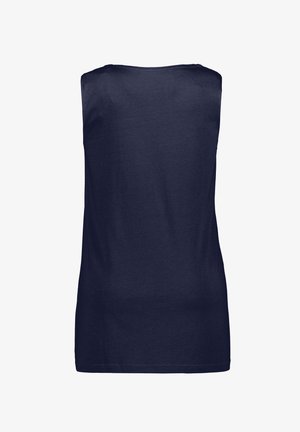 Navyblauwe mouwloze shirt van zachte katoen. Heeft een ronde halslijn en een gladde textuur, zonder zichtbare patronen of accenten.