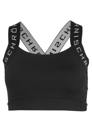 Schwarzer Sport-BH mit breiten Trägern, der ein Logomuster aufweist. Glattes, dehnbares Material mit tailliertem Design und leicht verkürzter Länge.