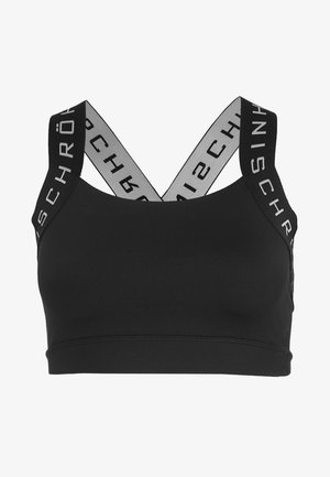 Zwarte sportbeha met brede schouderbanden en een logo patroon. Glad, rekbaar materiaal met een fitted ontwerp en een iets verkorte lengte.