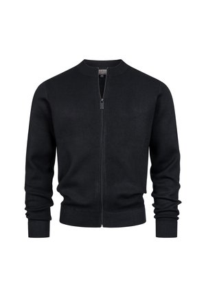 Svart langermet zip-up cardigan med ribbestrikkede mansjetter og nederkant, stående krage, vist mot en hvit bakgrunn.