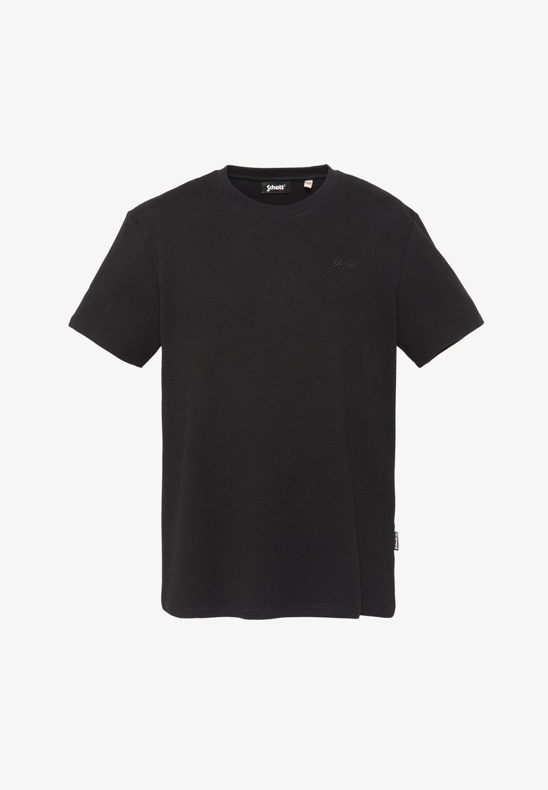 T-shirt noir à manches courtes en coton texturé avec encolure ronde, petit nom de marque brodé sur la poitrine et étiquette en tissu sur la couture latérale.