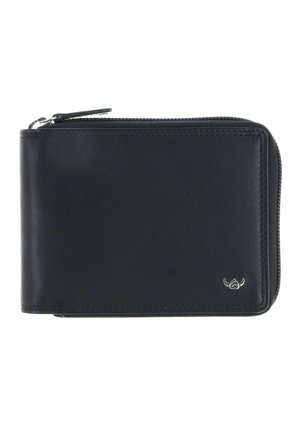 Portefeuille en cuir noir avec fermeture éclair tout autour et petit emblème logo argenté en bas à droite sur fond blanc.