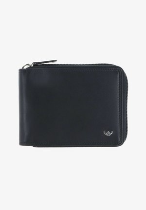 Portefeuille en cuir noir avec fermeture éclair tout autour et petit emblème logo argenté en bas à droite sur fond blanc.