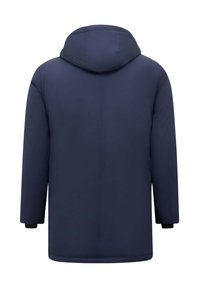 Donkerblauwe gewatteerde jas met capuchon, lange mouwen en elastische manchetten. Gladde textuur met subtiele stikdetails aan de achterkant.