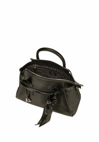 Black leather handbag with dual handles, zip closure, and interior pocket. Lined with a patterned fabric and adorned with a bow detail.