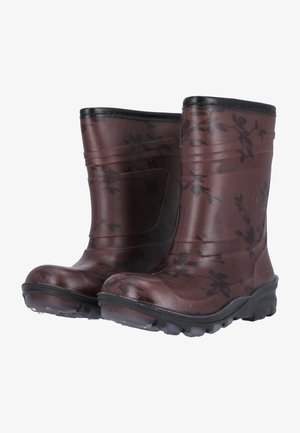Brune gummistøvler med sort blomstermønster, rund tå, tekstureret overflade og sorte såler. Mellemhøj design velegnet til våde forhold.