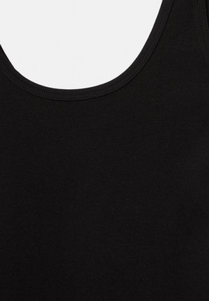 Débardeur noir sans manches avec encolure ronde, montrant la texture du tissu et les détails des coutures sur la partie avant supérieure.