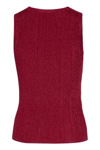 Red sleeveless top featuring a ribbed texture with metallic shimmer, round neckline, and a fitted design tapering at the waist.