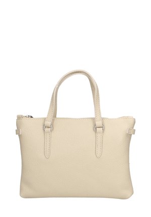 Beige leren tote bag met een gestructureerde afwerking, dubbele handvatten en een rits bovenkant. Voorzien van zilverkleurige hardware en een minimalistisch ontwerp.