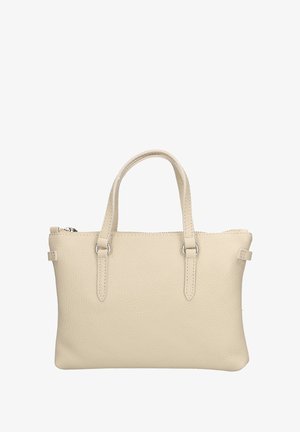 Beige leren tote bag met een gestructureerde afwerking, dubbele handvatten en een rits bovenkant. Voorzien van zilverkleurige hardware en een minimalistisch ontwerp.