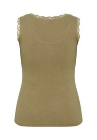 Débardeur côtelé sans manches de couleur vert olive avec bordure en dentelle aux emmanchures et à l'encolure, présenté de dos sur fond blanc.