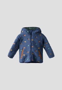 Zila flīsa jaka ar krāsainu dzīvnieku rakstu. Ar kapuci, odere iekšpusē un brūni akcenti uz kabatām. Mīksta tekstūra.