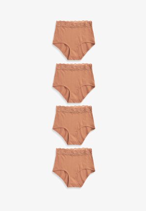 Visoke gaćice od mekanog, breskvasto bež materijala s delikatnim čipkastim detaljima na struku; četiri komada prikazana u složenom rasporedu.