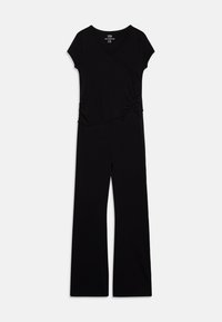 Svart jumpsuit med V-ringning, korta ärmar och drapering vid midjan. Tillverkad av mjukt, stretchigt tyg; breda, utsvängda ben.