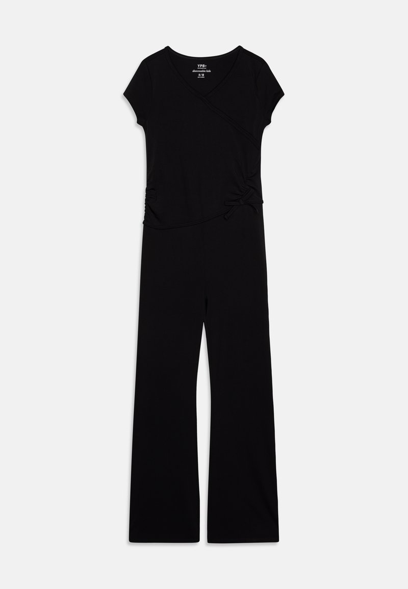 Svart jumpsuit med V-ringning, korta ärmar och drapering vid midjan. Tillverkad av mjukt, stretchigt tyg; breda, utsvängda ben.