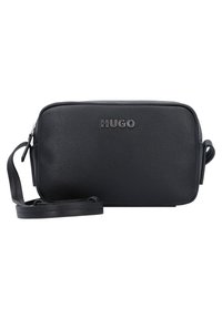 Black leather crossbody bag with a textured finish, featuring a silver "HUGO" logo, zip closure, and an adjustable strap.