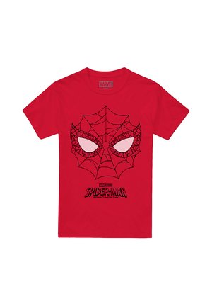 Rotes T-Shirt mit einem schwarzen Spider-Man-Masken-Design, Spinnennetzmustern und dem Text "Spider-Man Brand New Day" unter der Grafik.