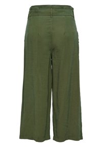 Pantalon court kaki à jambes larges avec une taille haute et des détails subtils cousus, vu de dos.