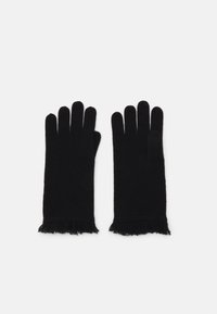 Black knitted gloves with a smooth texture, featuring fringe detailing at the cuffs and a fitted design for individual finger coverage.