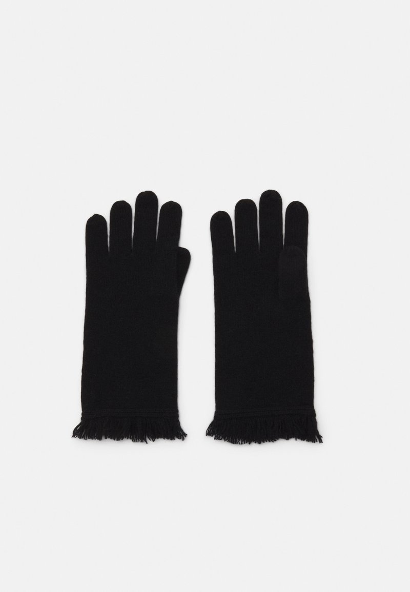 Black knitted gloves with a smooth texture, featuring fringe detailing at the cuffs and a fitted design for individual finger coverage.
