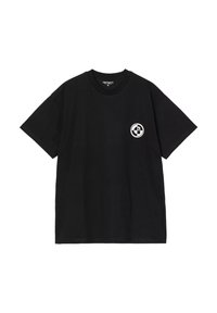 Sort bomulds T-shirt med rund hals, korte ærmer og et lille hvidt logo på venstre bryst. Klassisk pasform og glat tekstur.