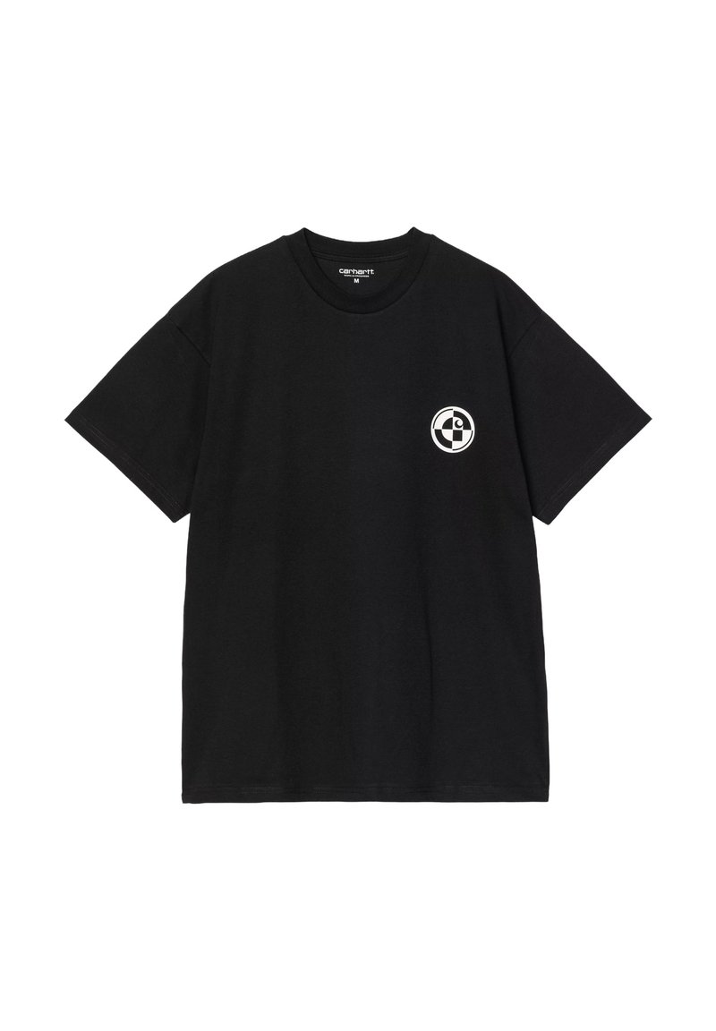 Sort bomulds T-shirt med rund hals, korte ærmer og et lille hvidt logo på venstre bryst. Klassisk pasform og glat tekstur.
